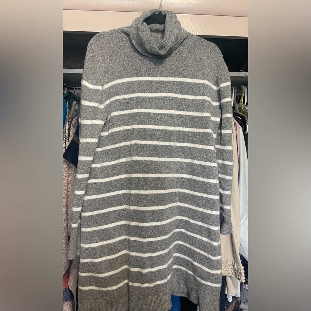 J. Crew Charcoal and White Striped Turtleneck Sweater Dress